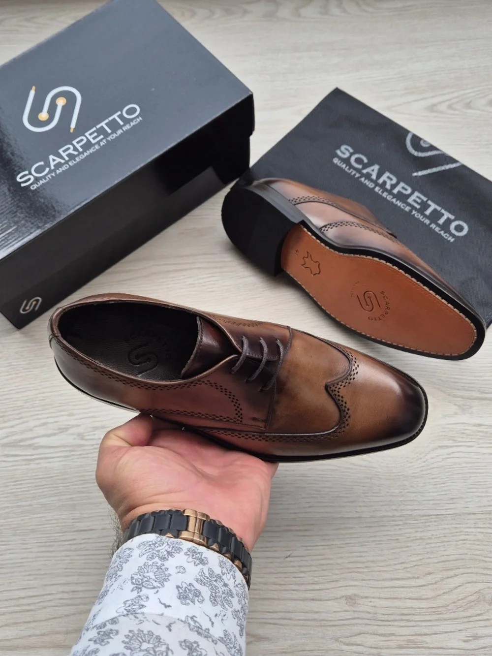 Rinaldo Whiskey Brown Leather Wingtip Brogue Derby Shoes – Hand-Burnished Patina